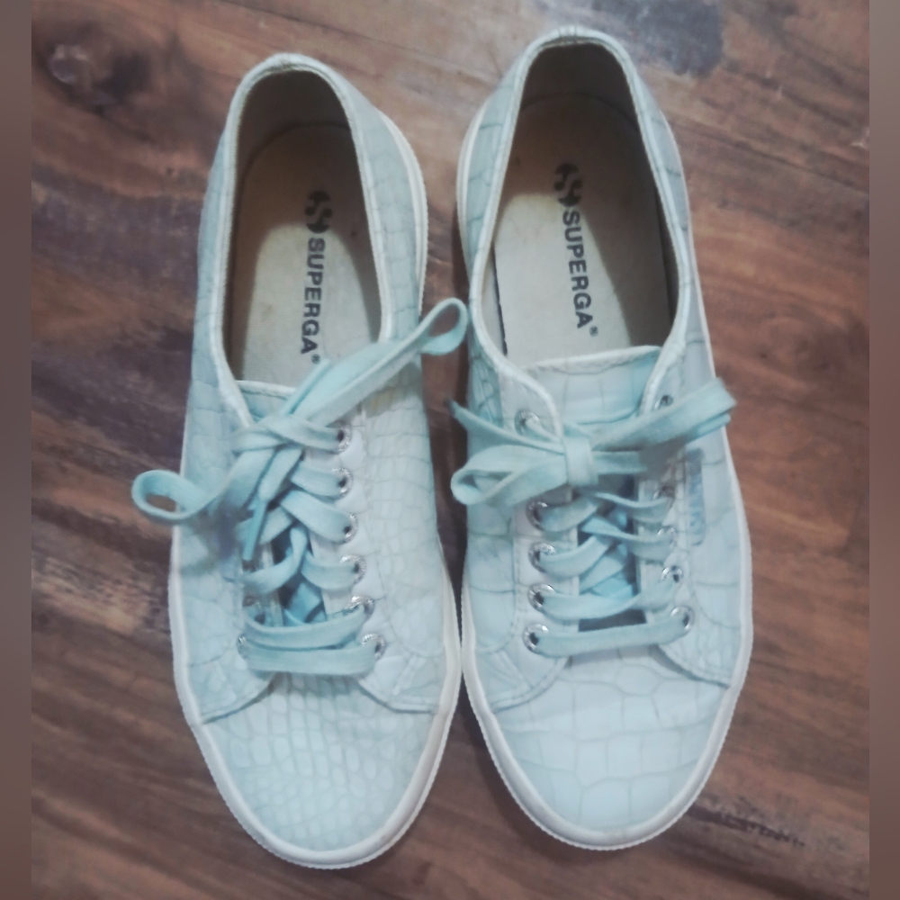 EUC Superga Women's Croc-Embossed Mint Sneakers.US Size 8. Pale Blue. Worn Twice